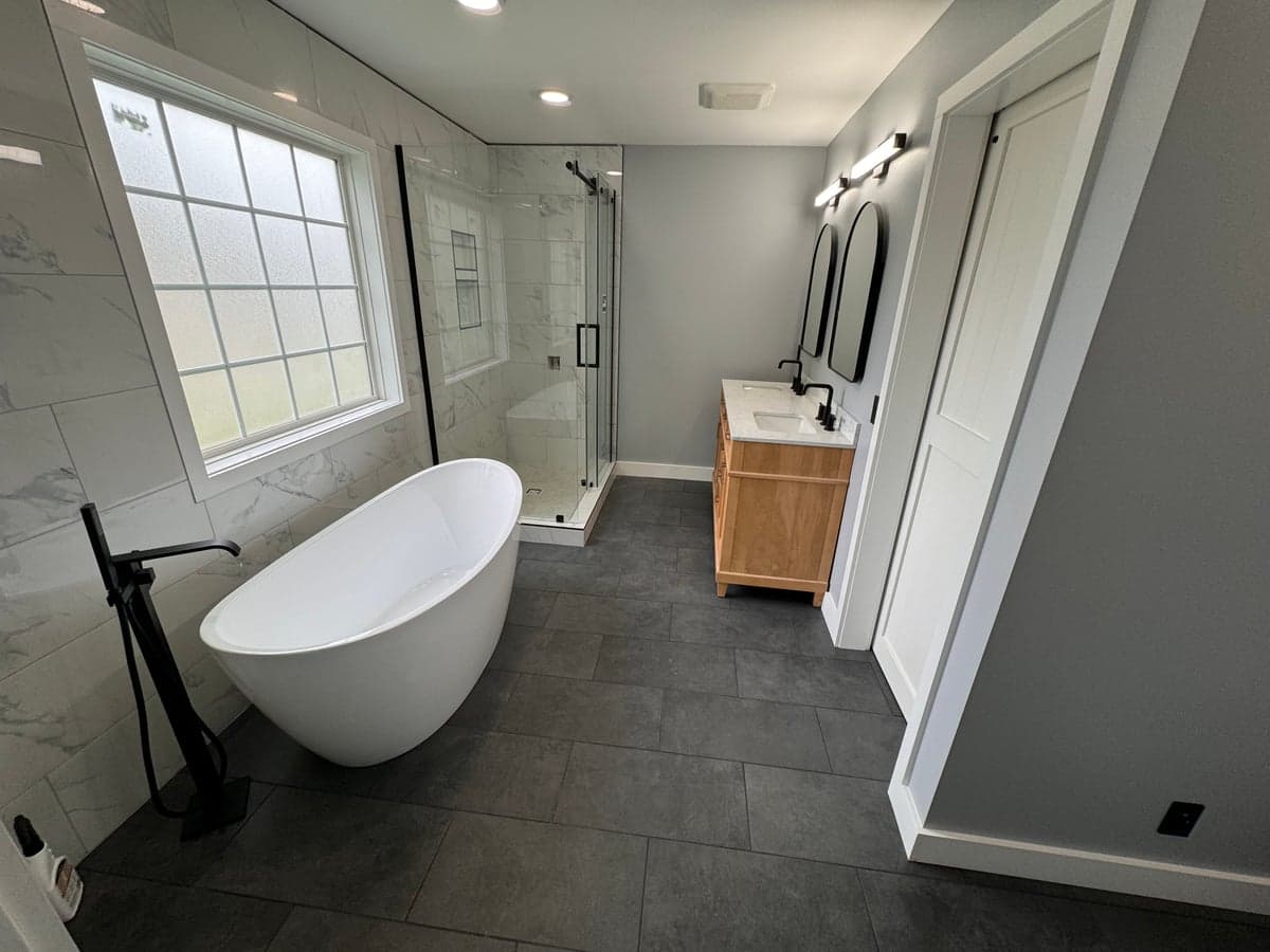 Bathroom remodel with tile shower and vanity in Clarksville, TN by JM Home and Property Services